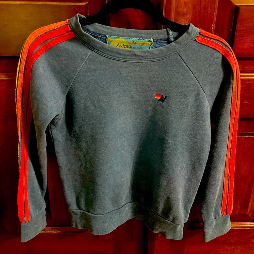 Aviator nation sweatshirt. Blue with stripes. Kids size 14